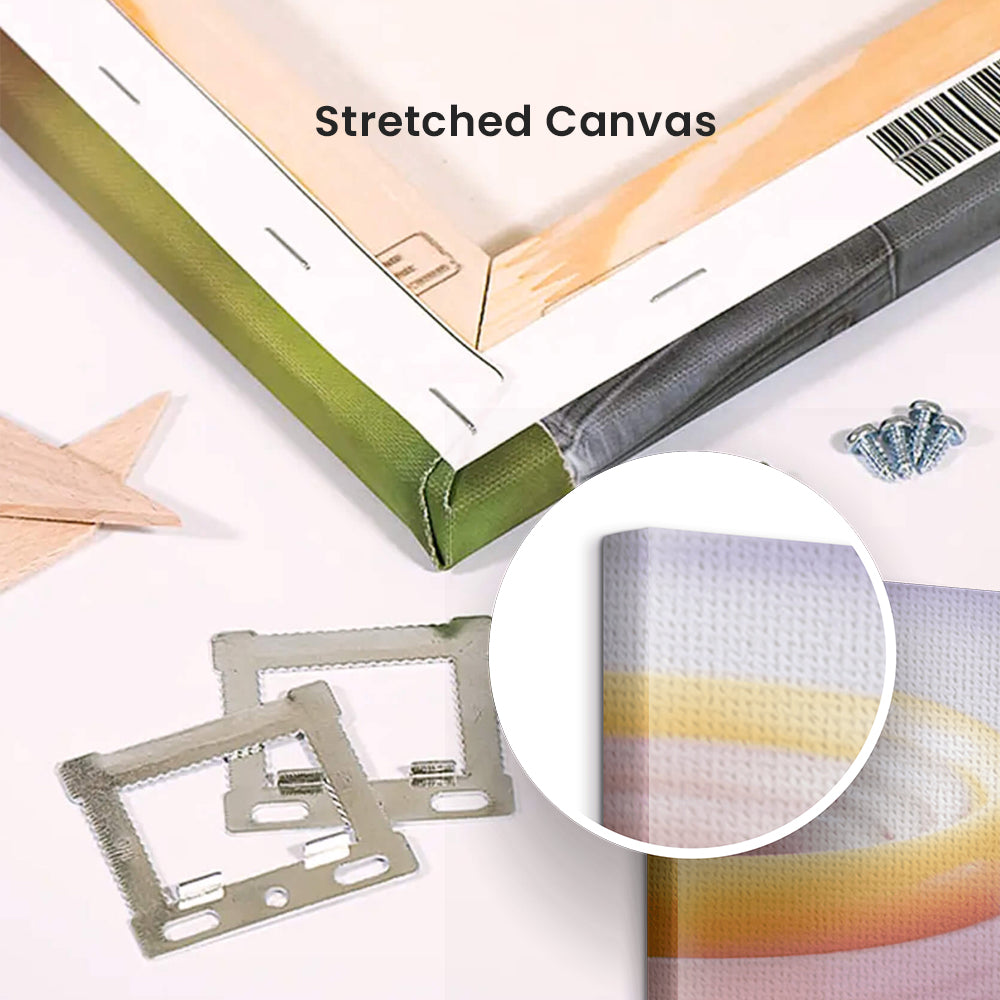 The image is a collage of various items, including a stretched canvas, a wooden frame, a metal frame, and some other miscellaneous objects.
