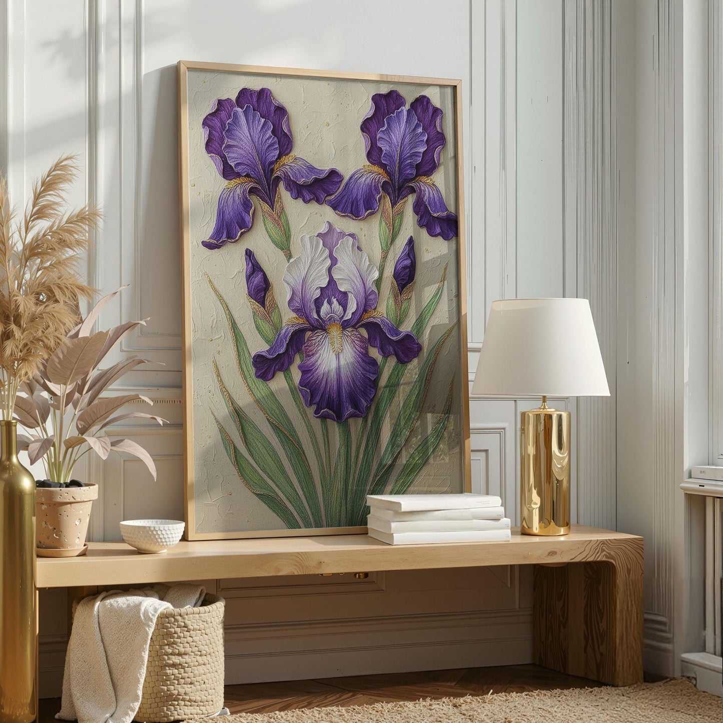 3D Purple Iris Wall Art, Textured Floral Plaster Painting, Framed Canvas or Digital
