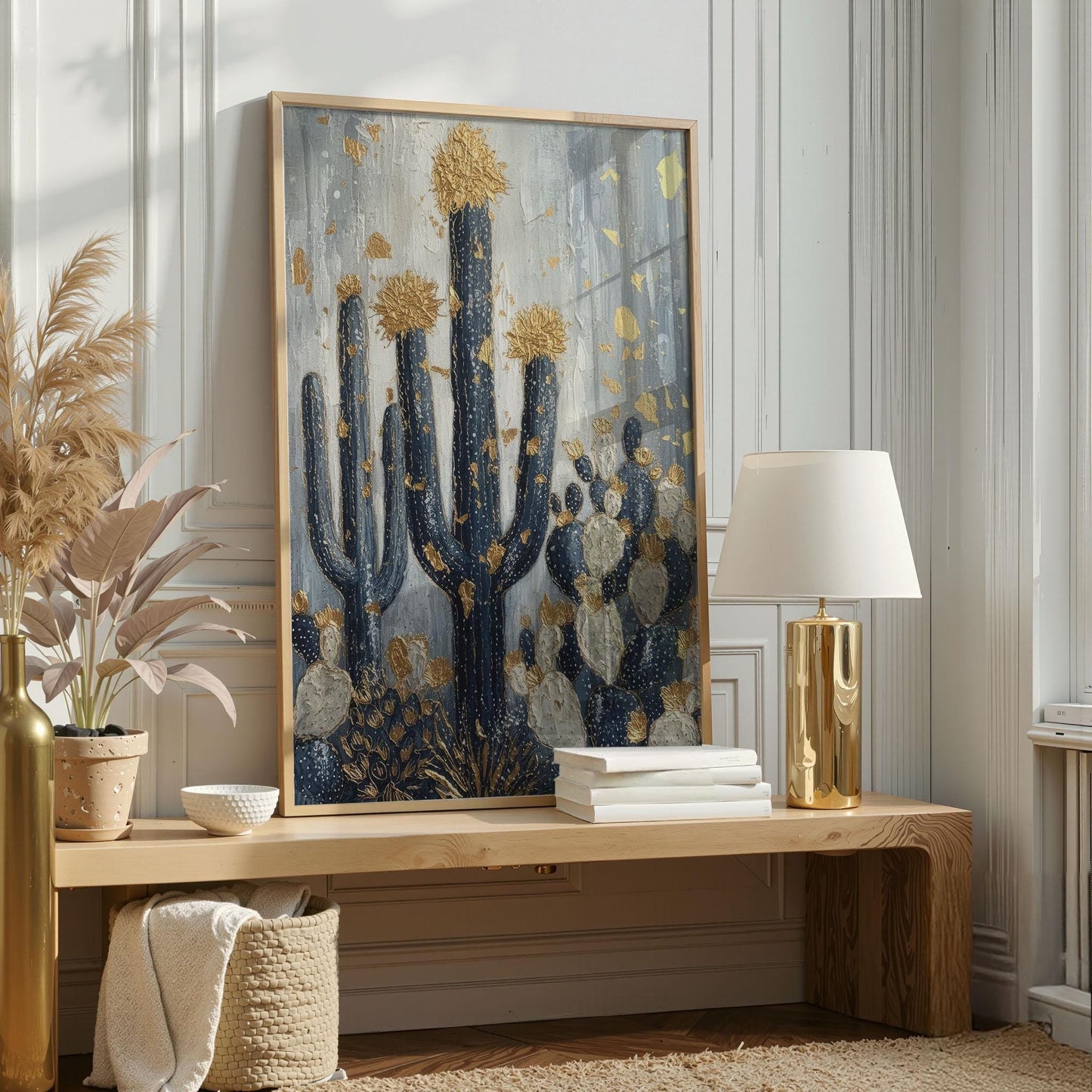 3D Gold Leaf Cactus Wall Art, Navy Blue Desert Plaster Painting, Canvas or Digital
