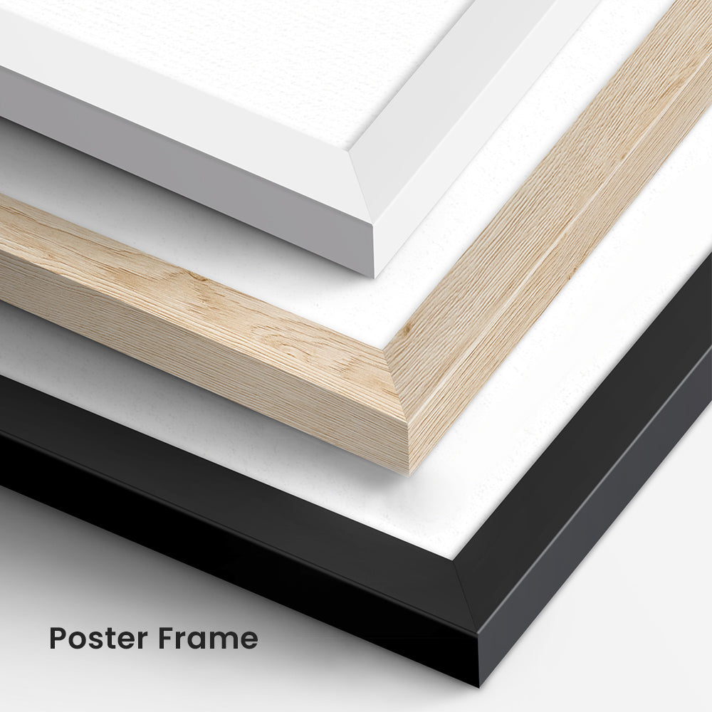A collection of poster frames in various colors and styles, including white, light brown, black, and dark brown.