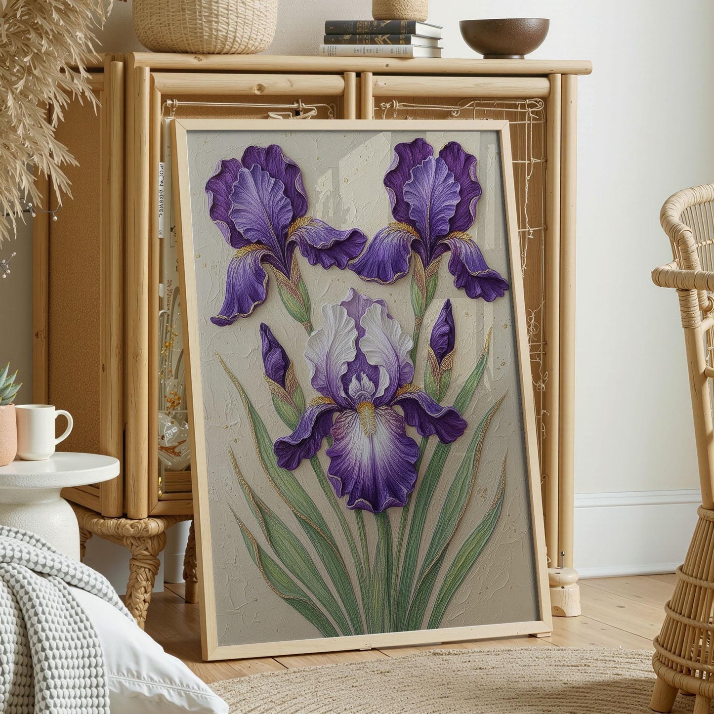3D Purple Iris Wall Art, Textured Floral Plaster Painting, Framed Canvas or Digital