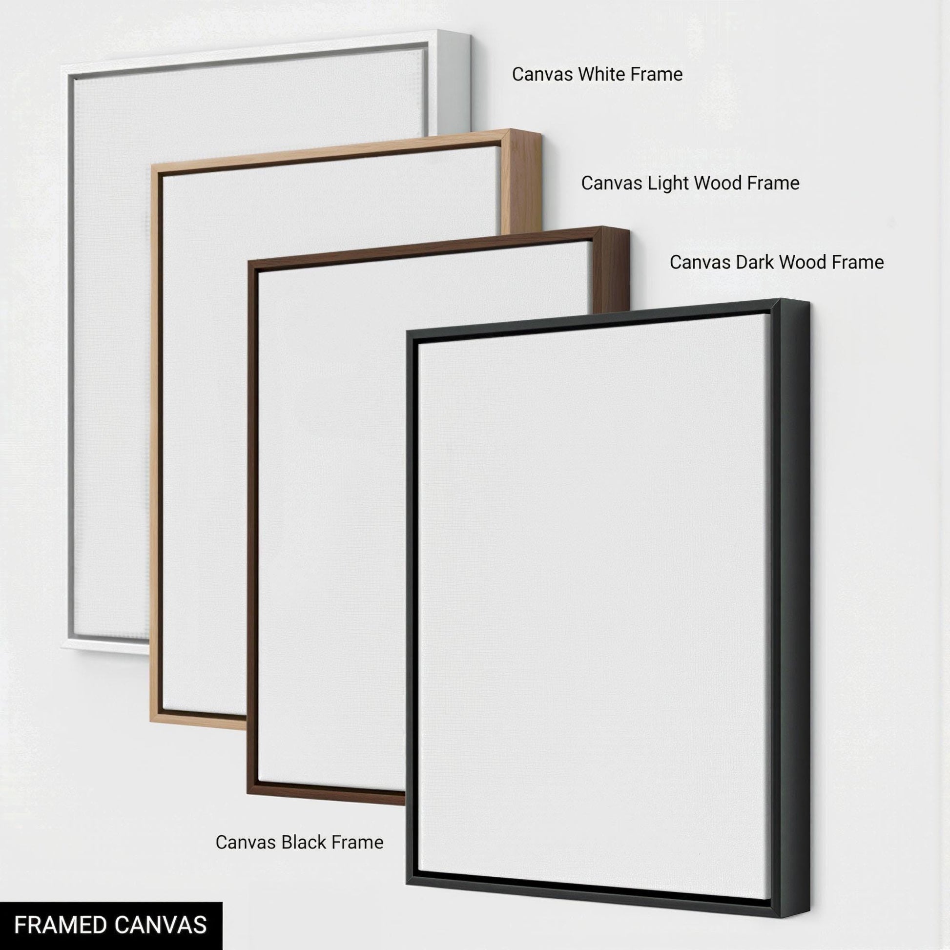 The image is a collage of framed canvas artworks, showcasing various sizes, frame colors, and materials.