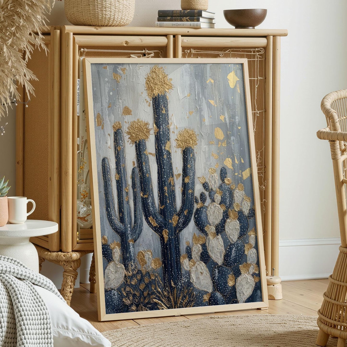 3D Gold Leaf Cactus Wall Art, Navy Blue Desert Plaster Painting, Canvas or Digital
