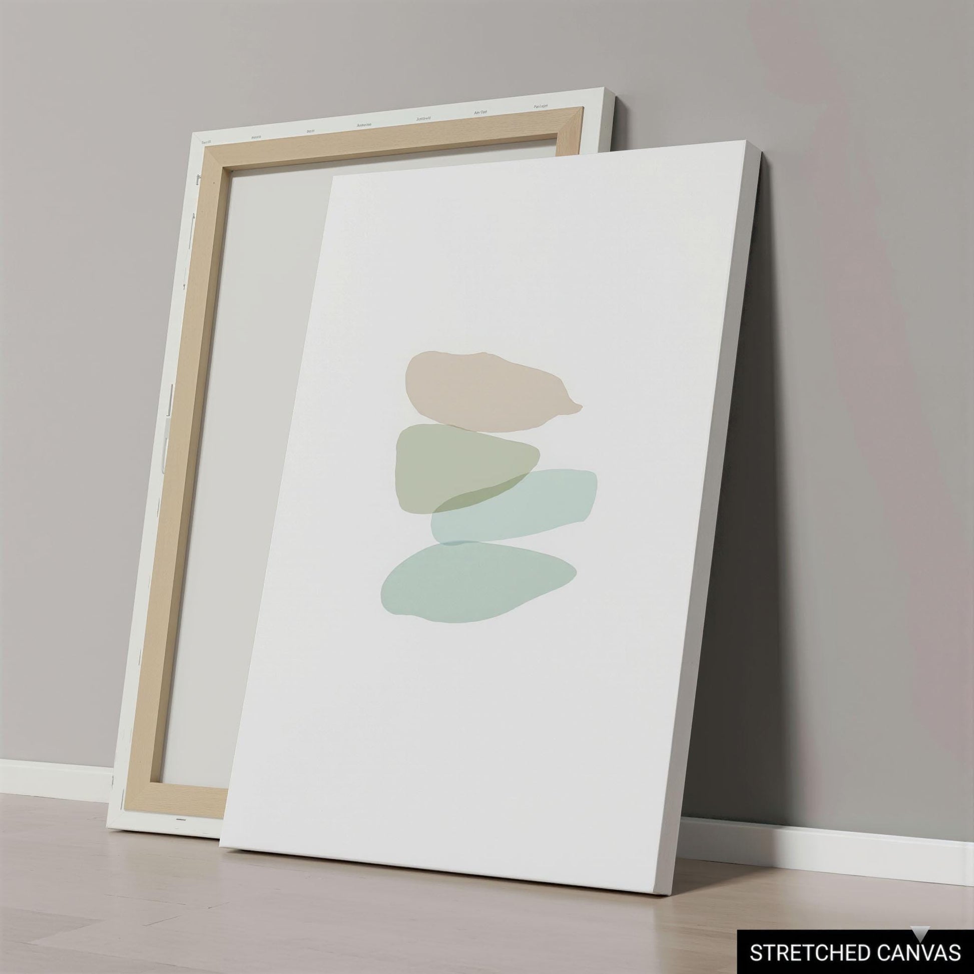 The image is a collage of three photos depicting a stretched canvas, a wooden frame, and a hanging kit.