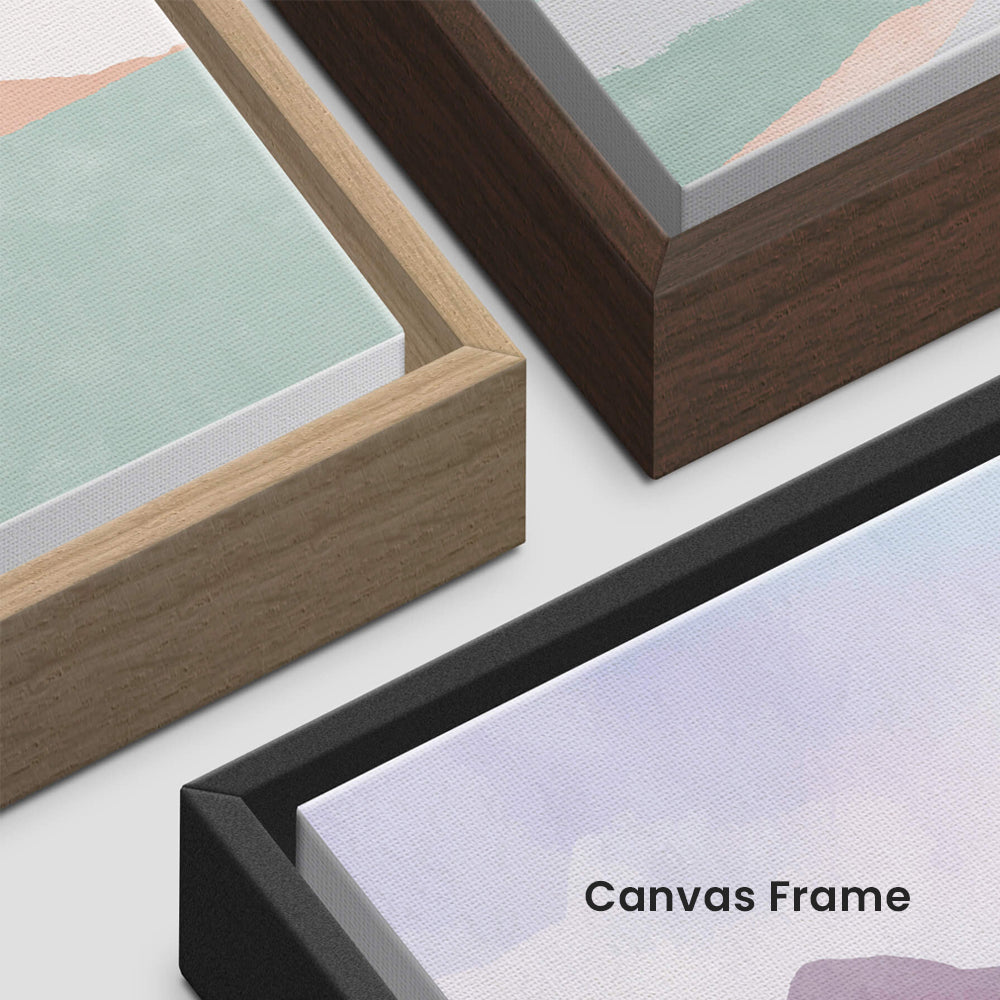 three different canvas frames, each with a unique color and design.